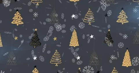 Image of snow falling over christmas trees Ilustração Stock