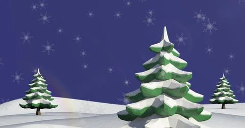 Image of snow falling over christmas tree on winter landscape Stock Photos