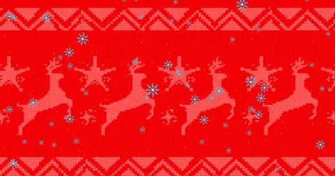 Image of snow falling over christmas pattern on red background Stock Photos