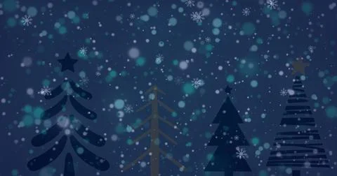 Image of snow falling over fir trees on dark background Stock Illustration