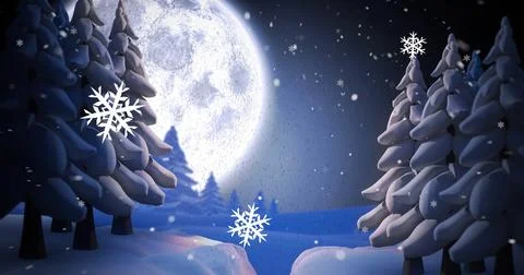 Image of snow falling over full moon in winter scenery background Ilustração Stock