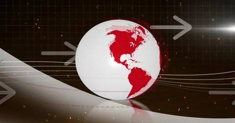 Image of snow falling over globe with arrows on black background Stock Photos