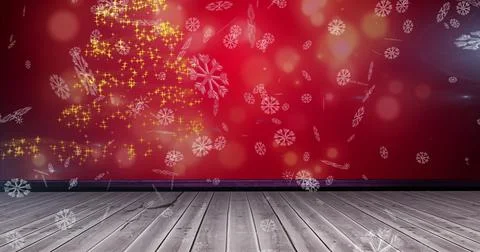 Image of snow falling over glowing spots forming christmas tree on red Ilustração Stock