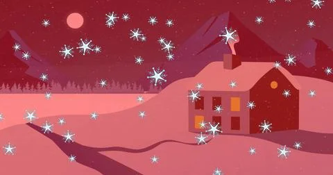 Image of snow falling over house in christmas winter scenery Ilustración de archivo