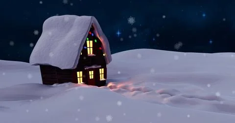 Image of snow falling over house with christmas fairy lights and winter Stock Illustration