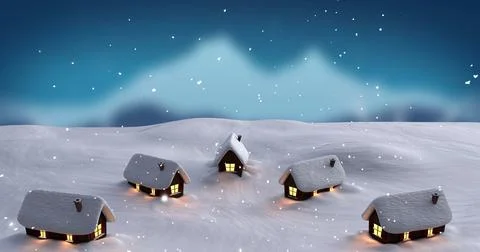 Image of snow falling over houses in winter scenery Ilustração Stock