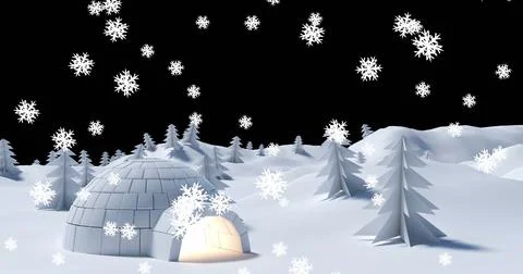 Image of snow falling over igloo in night winter landscape Ilustração Stock