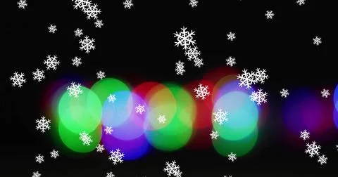 Image of snow falling over light spots on black background Ilustração Stock