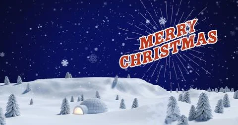 Image of snow falling over merry christmas text Ilustração Stock