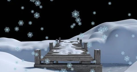 Image of snow falling over night winter landscape Ilustração Stock