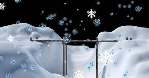 Image of snow falling over night winter landscape Ilustração Stock