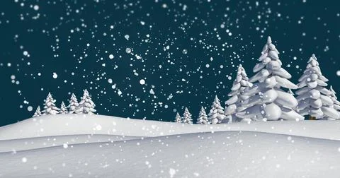 Image of snow falling over night winter landscape Ilustração Stock