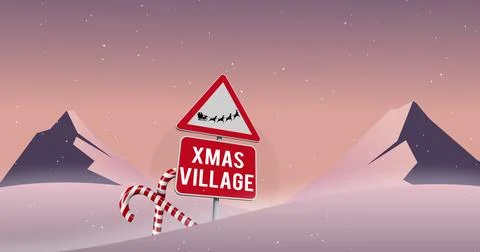 Image of snow falling over road sign with xmas village text and winter landscape Ilustração Stock