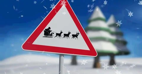 Image of snow falling over road sign with santa claus in sleigh with reindeer in Ilustração Stock