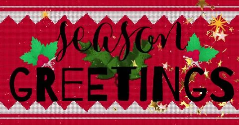 Image of snow falling over season greetings text Ilustração Stock
