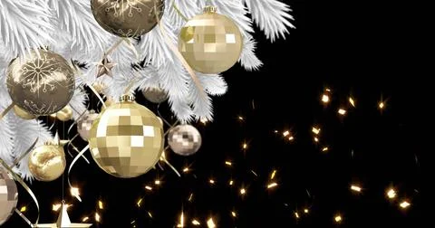 Image of snow falling over snow falling over fir tree and gold baubles Illustrazione stock