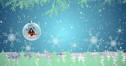 Image of snow falling over snow globe and fir tree decoration Ilustração Stock