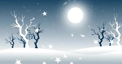 Image of snow falling over stars and winter scenery Ilustração Stock