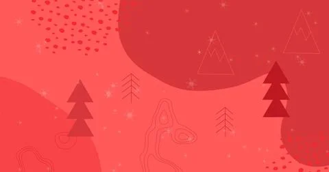 Image of snow falling over trees and christmas pattern on red background Illustrazione stock