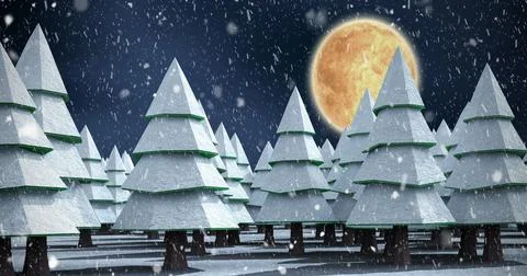 Image of snow falling over winter night landscape with fir trees Ilustração Stock