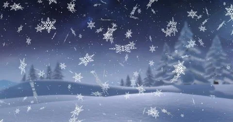 Image of snow falling over winter landscape background Ilustração Stock