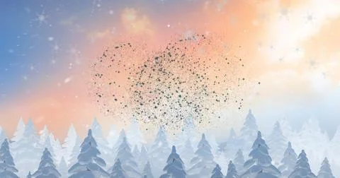 Image of snow falling over winter scenery background Ilustração Stock