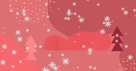 Image of snow falling on trees over pink background Illustrazione stock