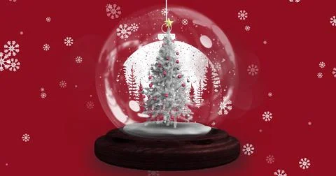 Image of snow globe with christmas tree over snow falling Ilustração Stock