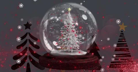 Image of snow globe with christmas tree over snow falling and fir trees Stock Illustration