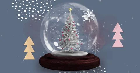 Image of snow globe with christmas tree and shooting star with snow falling Stock Illustration
