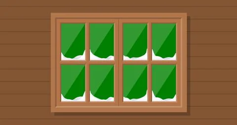 Image of snow settled on the frames of a window in a wooden wall at christmas Stock Illustration