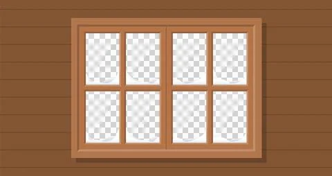 Image of snow settled on the frames of a window in a wooden wall at christmas Stock Illustration