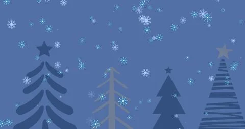 Image of snowflake icons falling over christmas trees icons on blue background Illustrazione stock