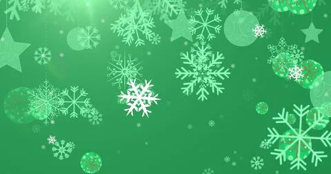 Image of snowflakes and decorative bauble icons falling against light spot on Illustrazione stock