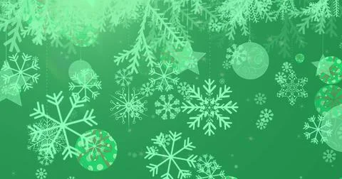 Image of snowflakes and decorative bauble icons falling against light spot on Illustrazione stock