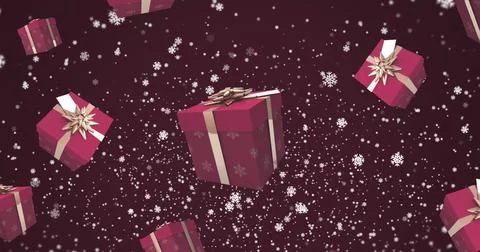 Image of snowflakes and falling presents on dark red background Stock Illustration