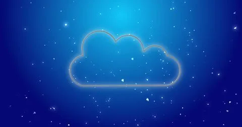 Image of snowflakes and neon cloud on blue background Stock Illustration