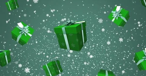 Image of snowflakes and presents falling on green background Stock Illustration