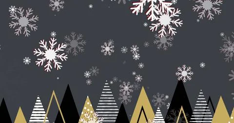 Image of snowflakes falling over christmas trees on dark grey background Stock Illustration