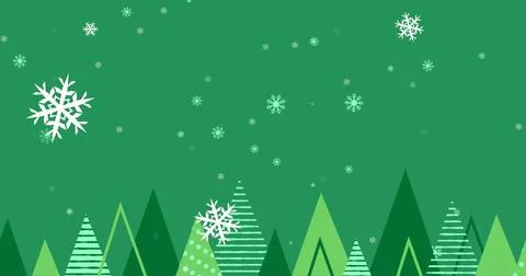 Image of snowflakes falling over christmas tree icons against green background Illustrazione stock