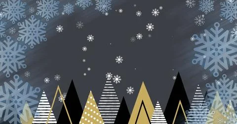 Image of snowflakes falling over christmas trees Ilustração Stock