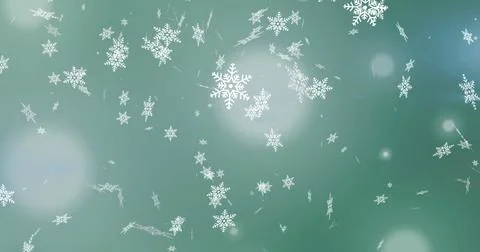 Image of snowflakes falling over green background with lights, copy space Stock Illustration