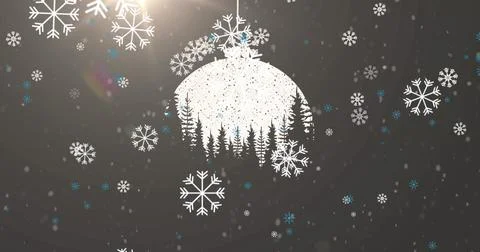 Image of snowflakes falling over hanging bauble decoration and light spot on Ilustração Stock