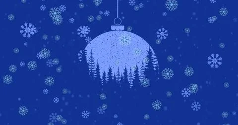 Image of snowflakes falling over hanging bauble with winter landscape print on Ilustração Stock