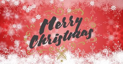 Image of snowflakes falling over merry christmas text banner against red Ilustração Stock