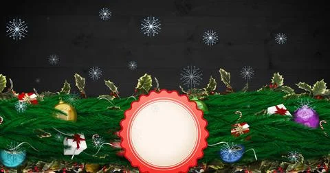 Image of snowflakes falling over round banner with copy space and christmas Stock Illustration