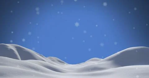 Image of snowflakes falling over snow and blue background Ilustração Stock