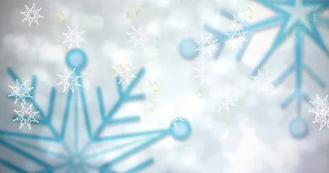 Image of snowflakes falling over spots of light against grey background with Ilustração Stock