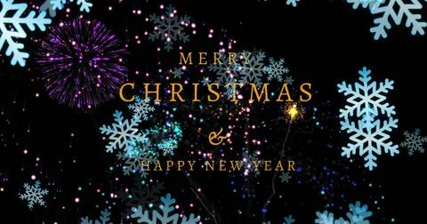 Image of snowflakes floating, fireworks exploding over merry christmas and new Illustrazione stock