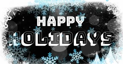 Image of snowflakes floating over happy holidays text banner, spots of light on Ilustração Stock